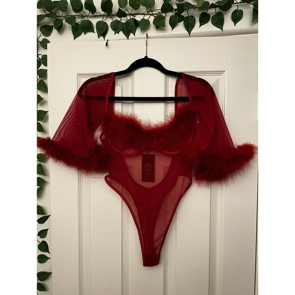 Red Mesh Bodysuit Feather Teddy Lingerie Vintage Women’s Small New With Tags - Picture 1 of 11